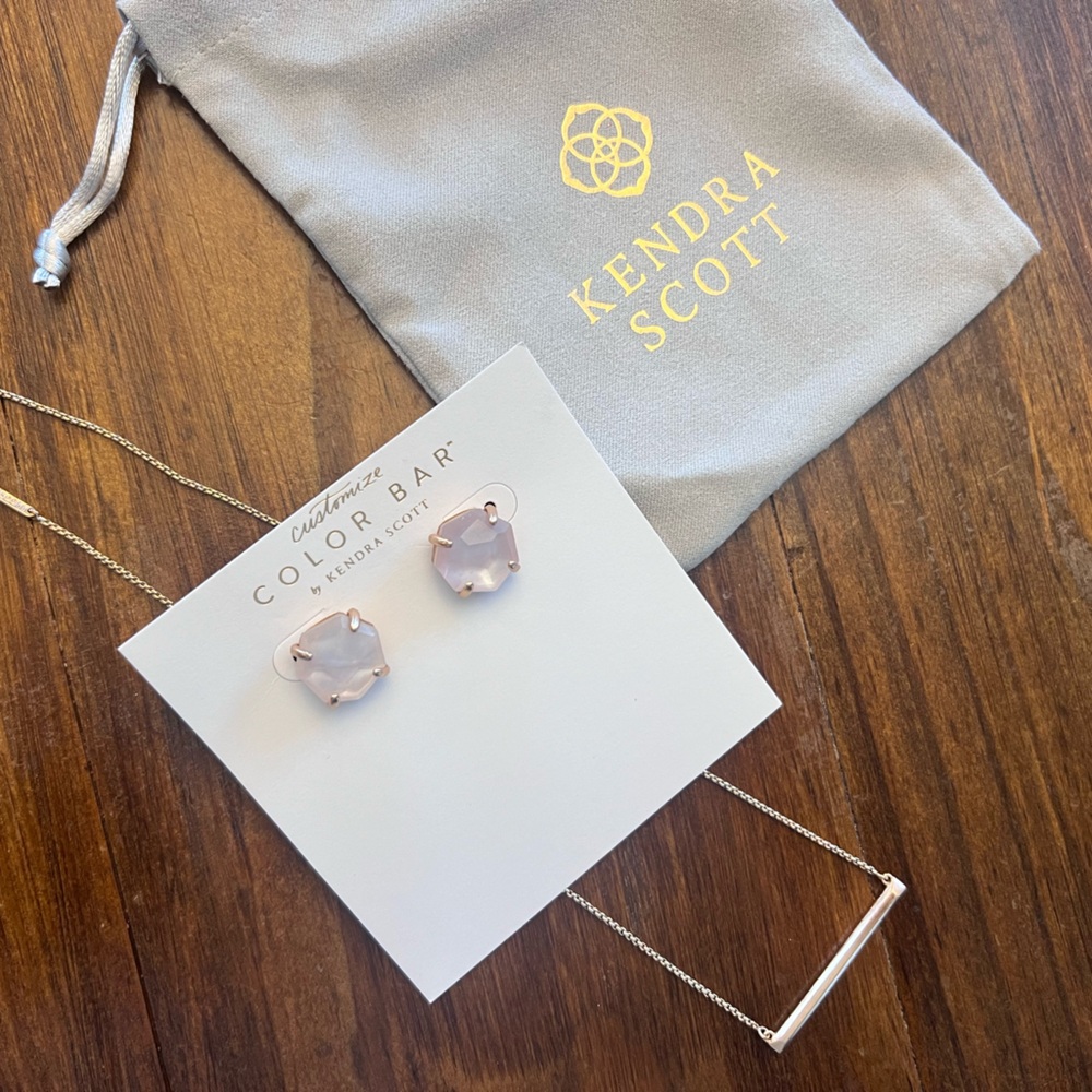 Kendra Scott Rose gold set: bar necklace and pink stone earrings in rose gold.